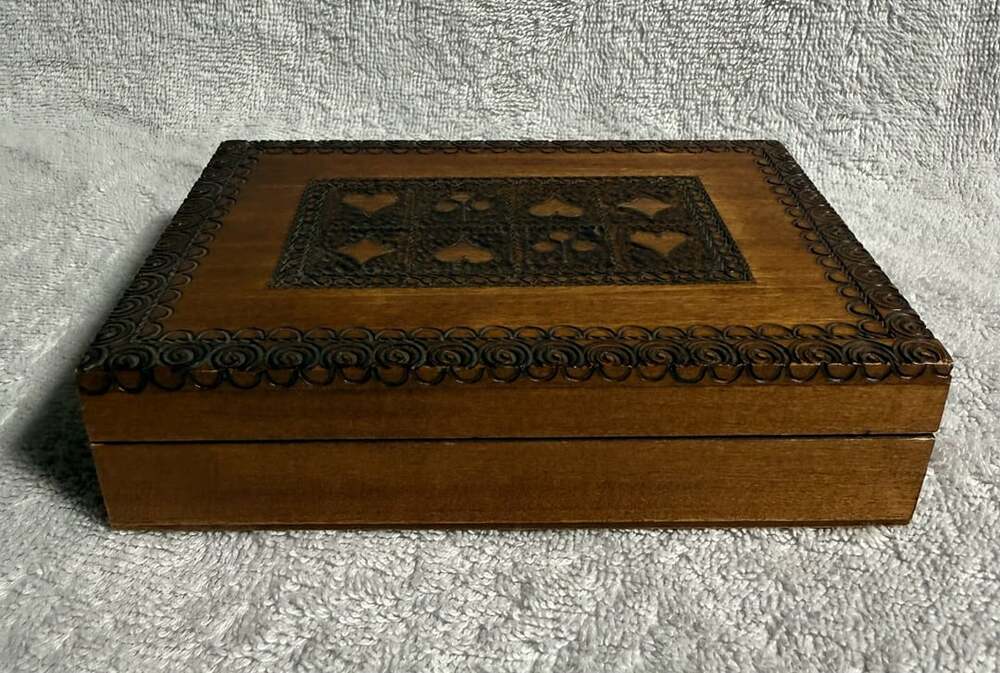 Vintage Hand Carved Wooden Playing Card Suits Box